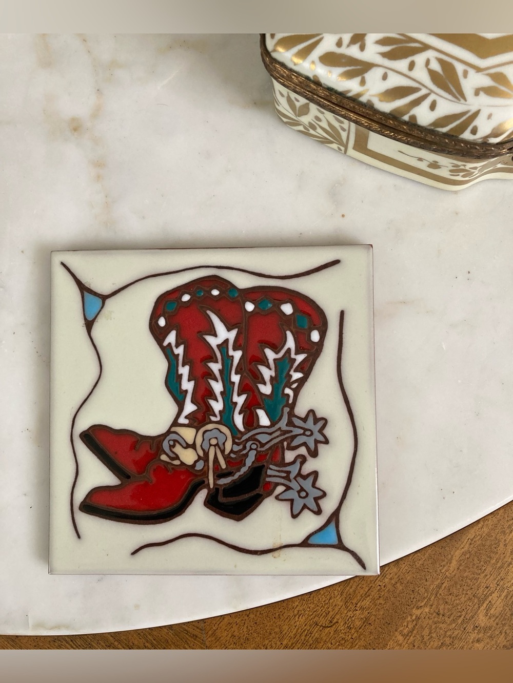 Earthtones “The Western Man. Red Cowboy Boots, Vintage, Ceramic Tile